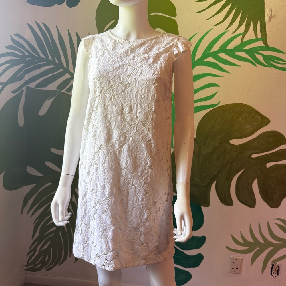 Monteau White Lace Cap-Sleeve Shift Dress